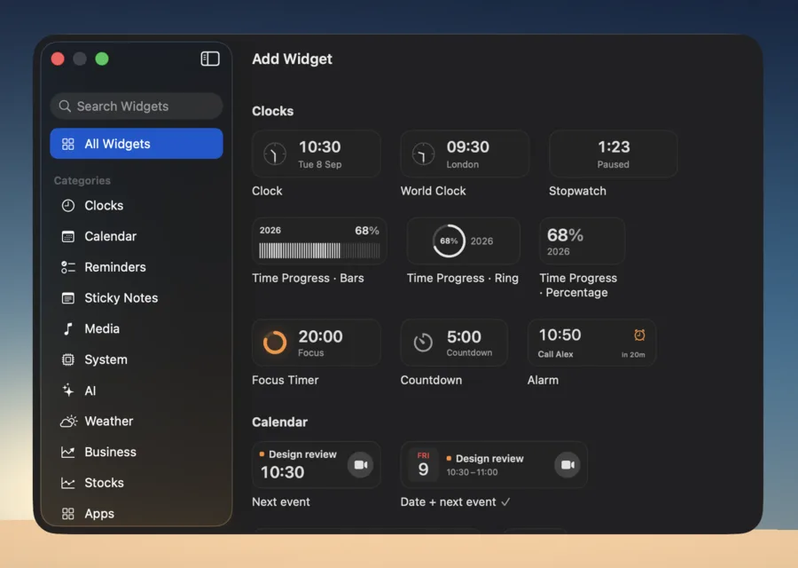 The Add Widget window, with categories in a sidebar and previews of each widget.