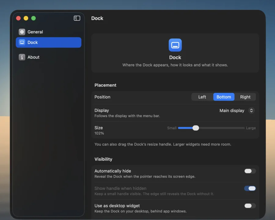 Quai’s Settings window on the Dock page.
